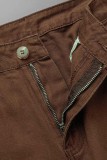 Jeans jeans reto casual marrom patchwork cintura média