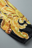 Robes à col rabattu à boucle patchwork imprimé décontracté noir jaune (sans ceinture)