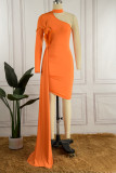 オレンジ色のセクシーな無地中空パッチワーク フェザー タートルネック長袖ドレス