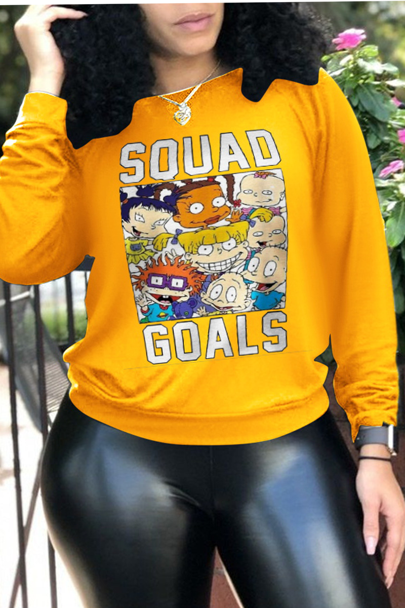 

Yellow Cute Character Letter O Neck Tops