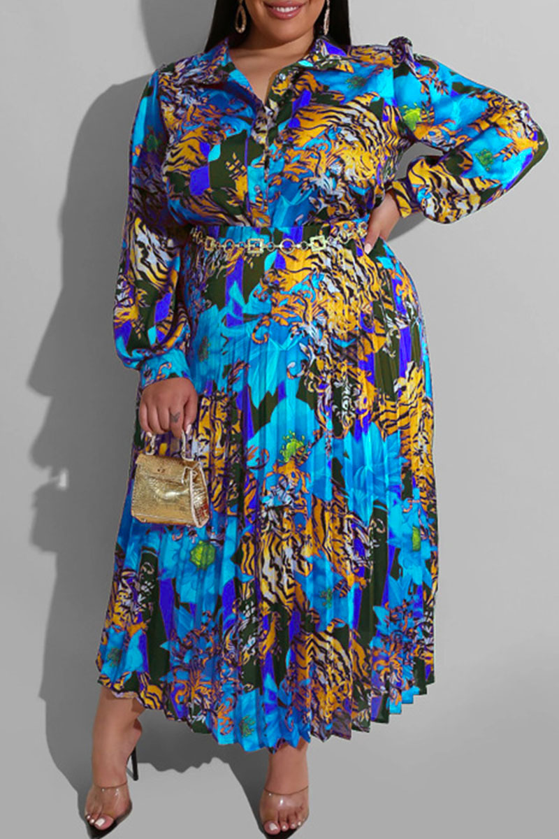 

Blue Casual Print Patchwork Buckle Fold Turndown Collar Plus Size Two Pieces