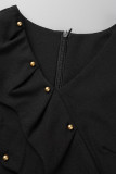 Vestidos de saia única preto casual patchwork com babados no decote