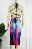 Multicolor Sexy Print Backless Cross Straps Halter Sleeveless Dress Dresses