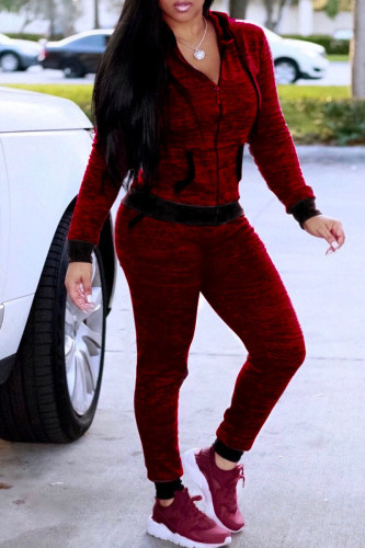 Burgundy Casual Solid Patchwork Hooded Collar Long Sleeve Two Pieces