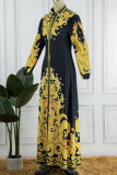 Черно-желтые повседневные платья с отложным воротником и пряжкой в ​​стиле пэчворк с принтом (без пояса)