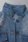Голубая повседневная уличная однотонная рваная куртка в стиле пэчворк с отложным воротником и длинным рукавом, прямая джинсовая куртка с пряжкой
