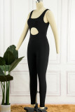 Black Sportswear Solid Hollowed Out Patchwork U Neck Skinny Jumpsuits