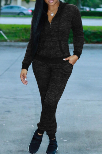 Black Casual Solid Patchwork Hooded Collar Long Sleeve Two Pieces