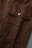 Brown Casual Solid Patchwork Mid Waist Straight Denim Jeans