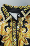 Robes à col rabattu à boucle patchwork imprimé décontracté noir jaune (sans ceinture)