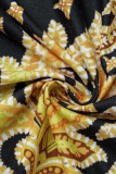 Zwart geel casual print patchwork gesp turndown kraag jurken (zonder riem)