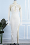 Blanco Sexy Sólido Ahuecado Patchwork Abertura transparente Cuello asimétrico Vestido irregular Vestidos