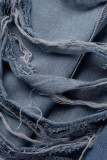 Chaqueta de mezclilla recta de manga larga con cuello vuelto y hebilla de patchwork antiguo azul claro informal de calle sólida rasgada