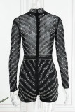 Black Fashion Sexy Patchwork Hot Drilling See-through Turtleneck Skinny Romper