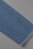 Light Blue Casual Street Solid Make Old Patchwork Buckle Turndown Collar Long Sleeve Straight Long Cardigan Distressed Raw Hem Ripped Denim Jacket