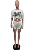 Pink Sexy Casual Letter Print Frenulum Slit O Neck Short Sleeve Two Pieces