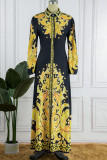 Zwart geel casual print patchwork gesp turndown kraag jurken (zonder riem)