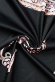 Robe noire décontractée à imprimé patchwork avec boucle et col rabattu