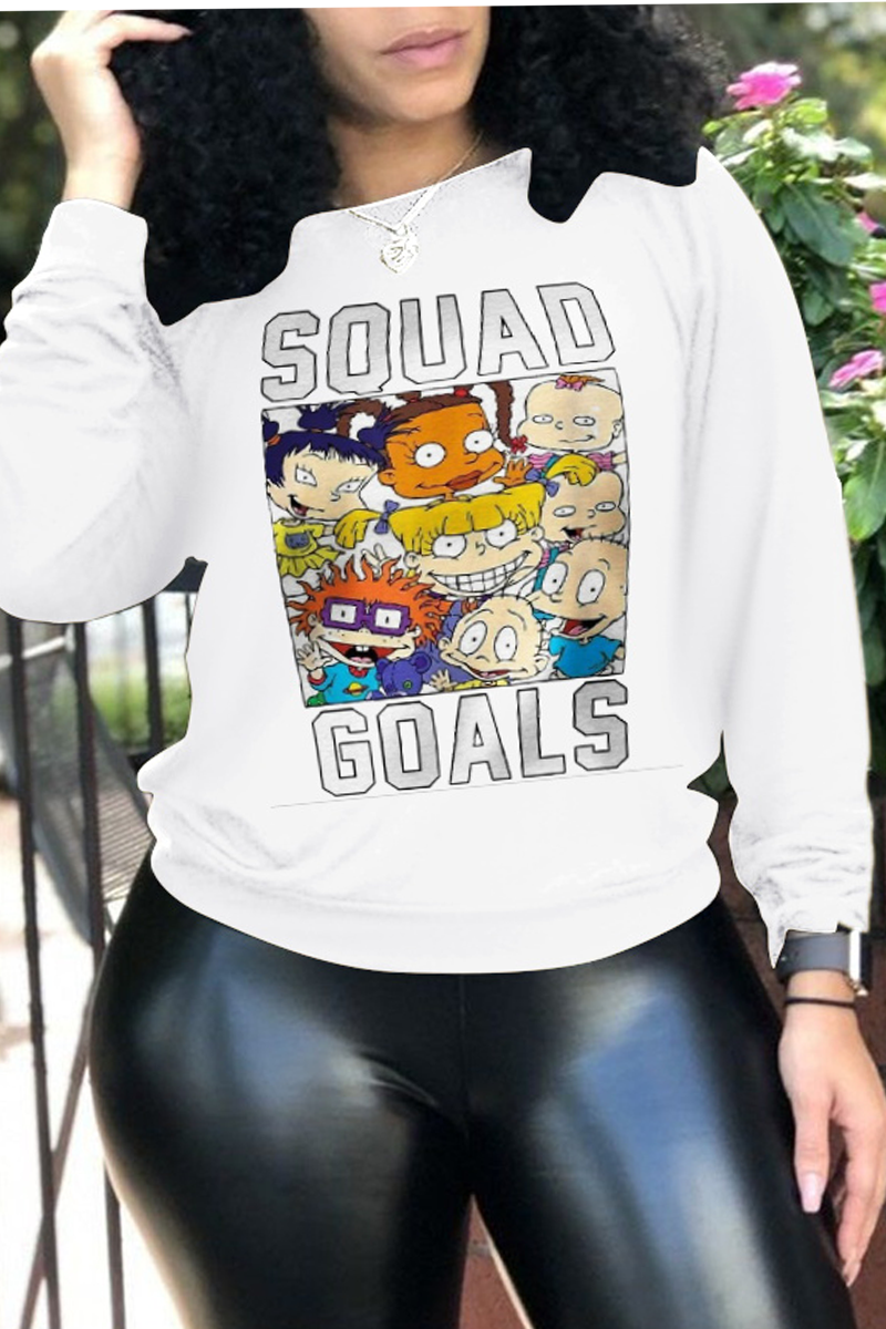 

White Cute Character Letter O Neck Tops