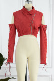 Red Street Solid Bandage Patchwork Zipper Turndown Collar Outerwear