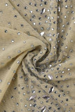 Robe longue sexy patchwork chaud forage transparent dos nu bretelle spaghetti blanc