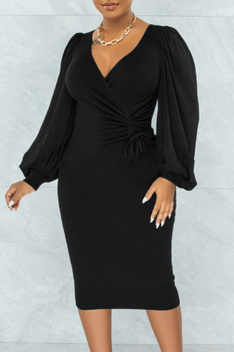 Black Casual Solid Bandage Patchwork V Neck One Step Skirt Dresses
