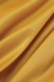 Vestidos de falda de un paso con cuello en V y pliegues de patchwork sólido sexy amarillo