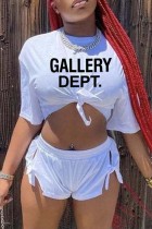 White Sexy Casual Letter Print Frenulum Slit O Neck Short Sleeve Two Pieces