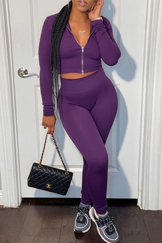Purple Casual Zipper Collar Long Sleeve Crop Jackets And Skinny Pants Sportwear Two Pieces Sweatsuit Set