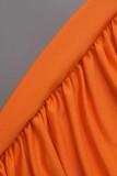 Naranja Sexy Sólido Ahuecado Patchwork Plumas Cuello alto Vestidos de manga larga