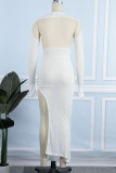 White Sexy Solid Hollowed Out Patchwork See-through Slit Asymmetrical Collar Irregular Dress Dresses