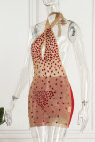 Rose Red Sexy Solid Patchwork See-through Hot Drill Halter Pencil Skirt Dresses