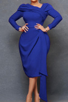 Blauwe elegante effen patchwork vouw asymmetrische asymmetrische kraag jurken