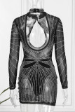 Zwart sexy patchwork hete boren uitgeholde doorzichtige halve coltrui lange mouw jurken (met slipje)