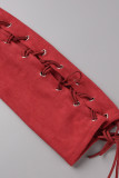 Red Street Solid Bandage Patchwork Dragkedja Uppbäddningskrage Ytterkläder