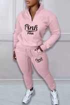 Pink Casual Print Letter Zipper Collar Long Sleeve Two Pieces