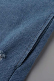 Chaqueta de mezclilla recta de manga larga con cuello vuelto y hebilla de patchwork antiguo azul claro informal de calle sólida rasgada