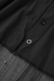 Schwarzes, lässiges, festes Patchwork-Schnallen-Perlen-Hemdkleid mit Umlegekragen, Plus-Size-Kleider