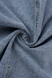 Jaqueta jeans de manga longa com fivela de retalhos azul rua