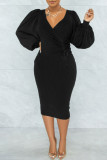 Vestidos de falda de un paso con cuello en V de patchwork de vendaje sólido casual negro