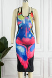 Multicolor Sexy Print Backless Cross Straps Halter Sleeveless Dress Dresses