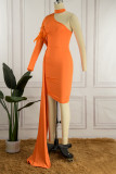 Orange Sexy Solid Hollowed Out Patchwork Feathers Turtleneck Long Sleeve Dresses