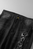 Black Street Solid Tassel Ripped Make Old Patchwork Denim Jeans Met Hoge Taille