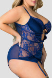 Blue Sexy Solid Hollowed Out Patchwork See-through Valentines Day Lingerie