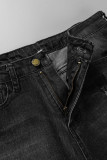 Black Street Solid Tassel Ripped Make Old Patchwork High Waist Denim Jeans