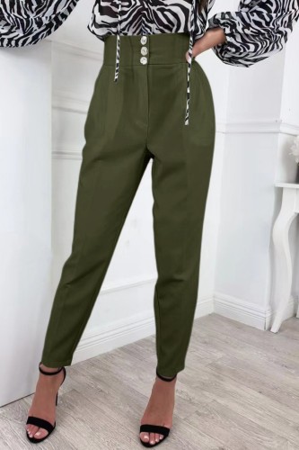 Army Green Casual Solid Buttons Regular High Waist Conventional Solid Color Trousers