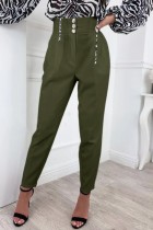 Pantalones de color sólido convencional de cintura alta con botones sólidos informales verde militar