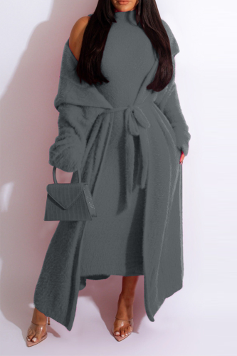 Dark Gray Casual Solid Patchwork Half A Turtleneck Long Sleeve Two Pieces