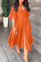 オレンジ カジュアル ソリッド バックレス スリット Vネック ワンステップ スカート ドレス