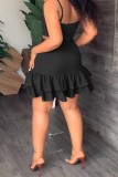 Negro sexy casual sólido correa de espagueti envuelto falda vestidos